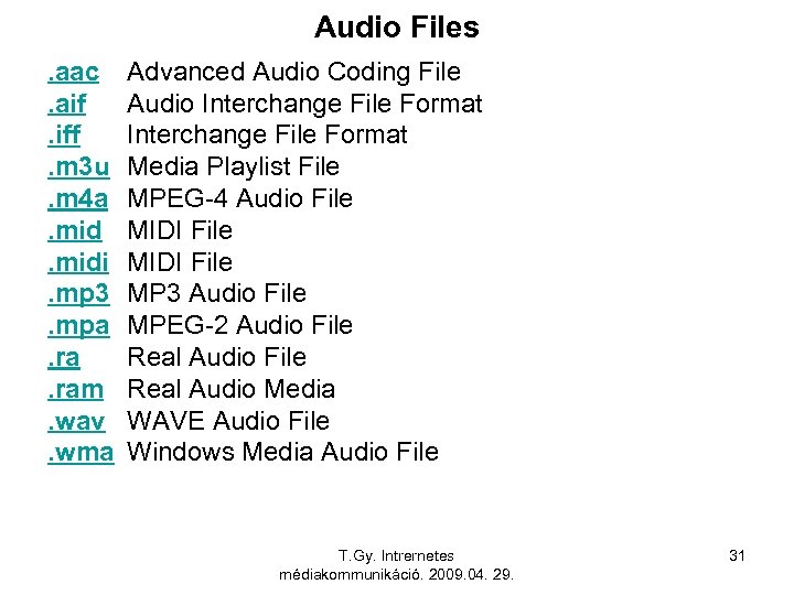 Audio Files. aac. aif. iff. m 3 u. m 4 a. midi. mp 3.