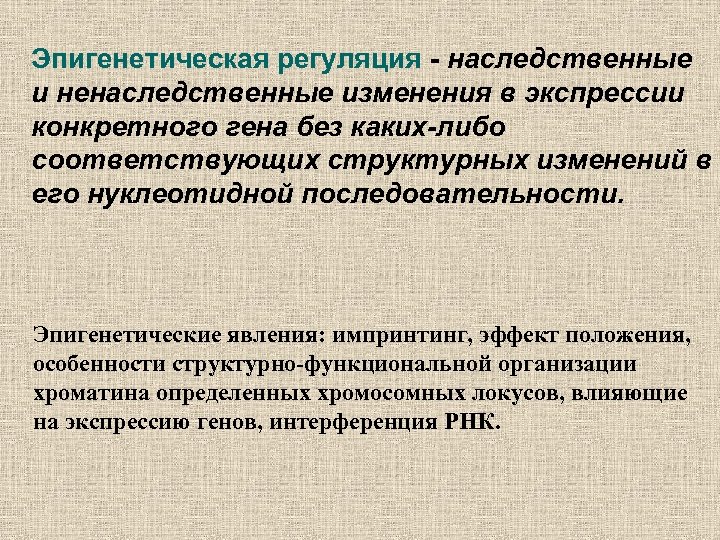 Эпигенетическая регуляция - наследственные и ненаследственные изменения в экспрессии конкретного гена без каких-либо соответствующих