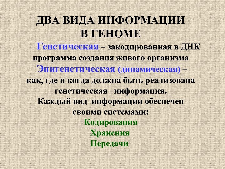 ДВА ВИДА ИНФОРМАЦИИ В ГЕНОМЕ Генетическая – закодированная в ДНК программа создания живого организма