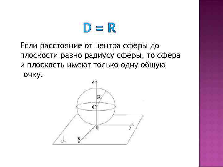 Центр плоскостей. Если расстояние от центра сферы до плоскости равно радиусу сферы то. Расстояние от центра сферы до плоскости равно радиусу. Расстояние от сферы до плоскости. Плоскость имеющая со сферой только одну общую точку.