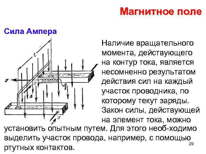 Магнитное поле Сила Ампера Наличие вращательного момента, действующего на контур тока, является несомненно результатом