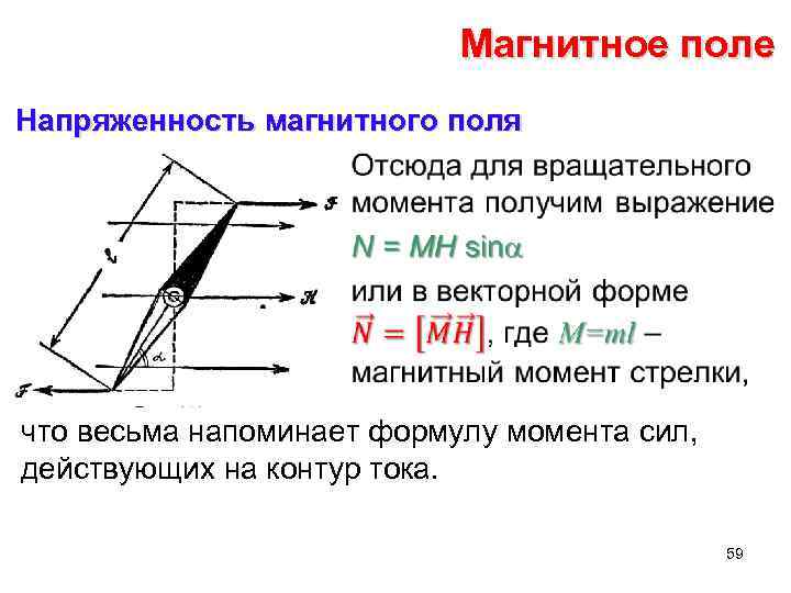 Магнитное поле Напряженность магнитного поля • что весьма напоминает формулу момента сил, действующих на