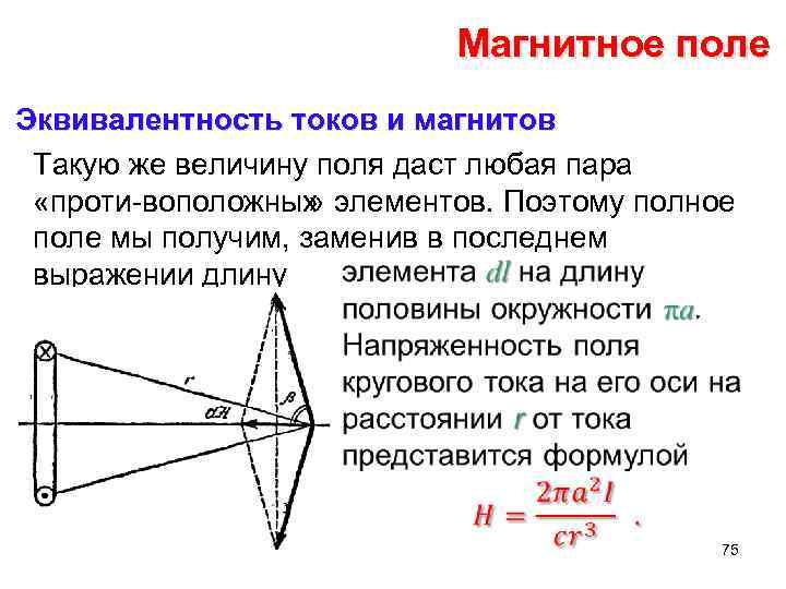 Магнитное поле Эквивалентность токов и магнитов Такую же величину поля даст любая пара «проти