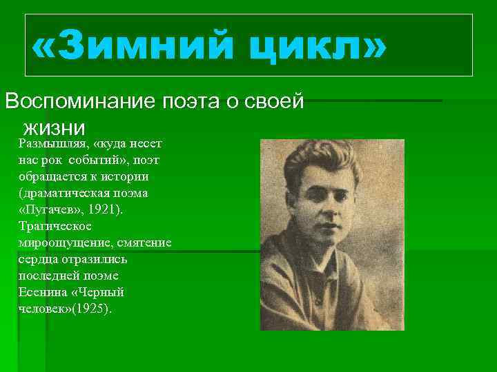 «Зимний цикл» Воспоминание поэта о своей жизни Размышляя, «куда несет нас рок событий»
