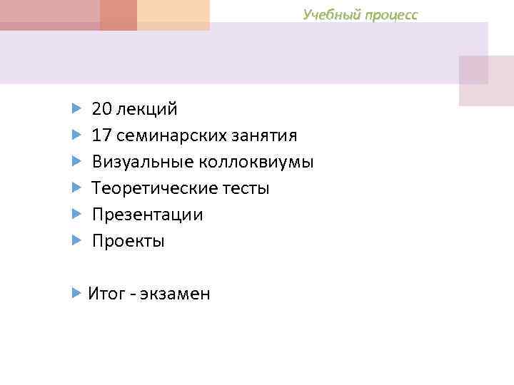 Учебный процесс 20 лекций 17 семинарских занятия Визуальные коллоквиумы Теоретические тесты Презентации Проекты Итог