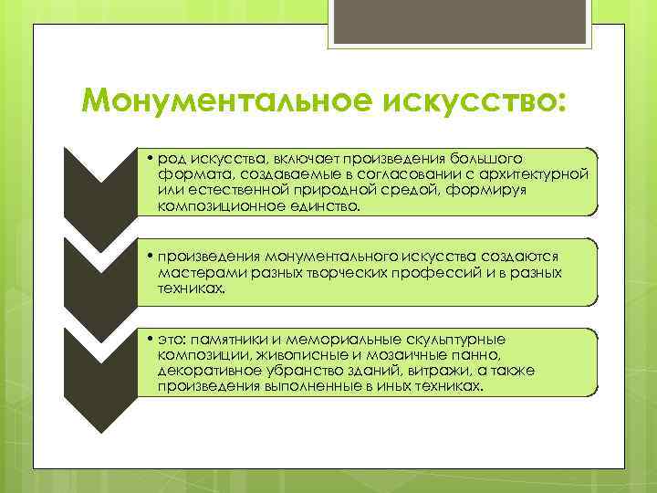 Монументальное искусство: • род искусства, включает произведения большого формата, создаваемые в согласовании с архитектурной