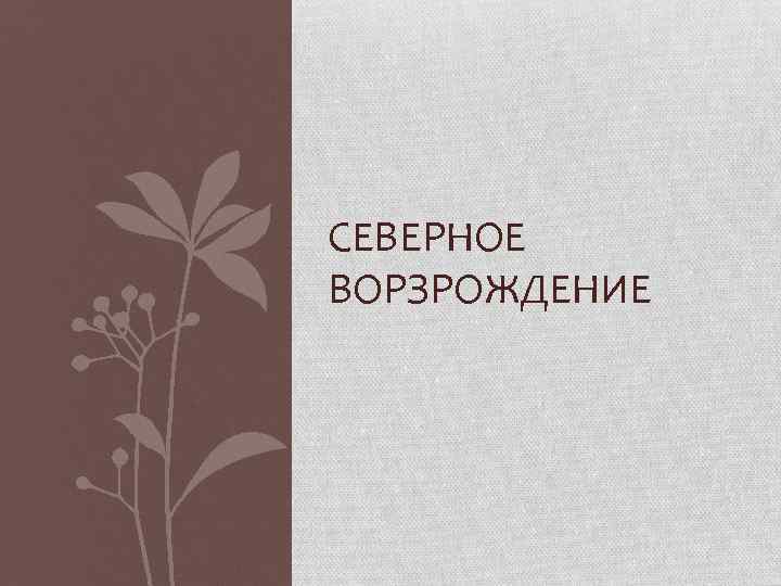 СЕВЕРНОЕ ВОРЗРОЖДЕНИЕ 