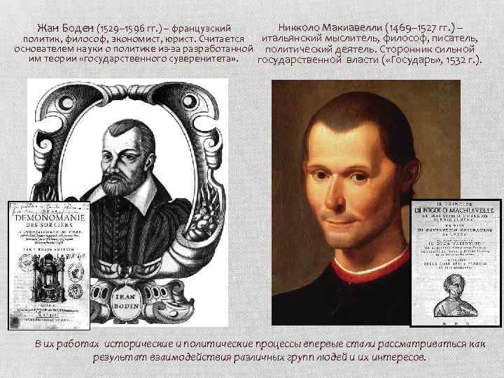 Никколо Макиавелли (1469– 1527 гг. ) – Никколо Макиавелли Жан Боден (1529– 1596 гг.