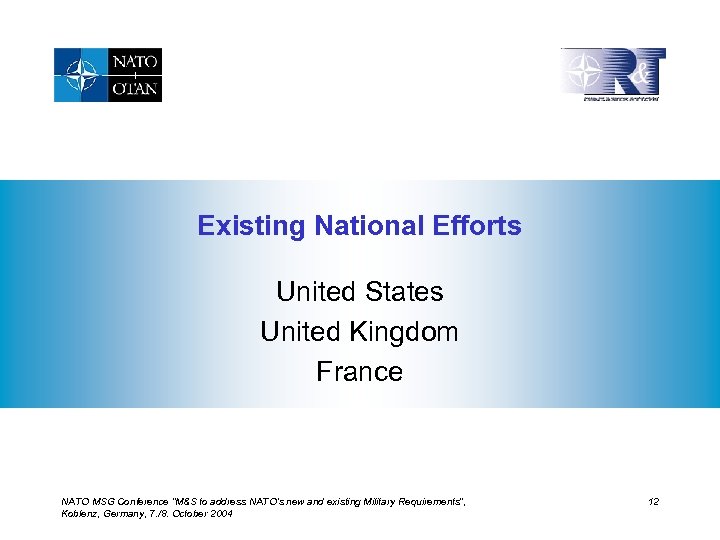 Existing National Efforts United States United Kingdom France NATO MSG Conference “M&S to address