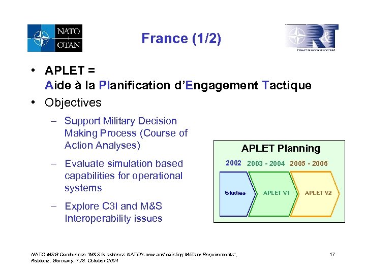 France (1/2) • APLET = Aide à la Planification d’Engagement Tactique • Objectives –