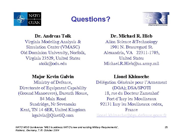 Questions? Dr. Andreas Tolk Dr. Michael R. Hieb Virginia Modeling Analysis & Simulation Center