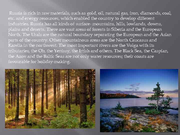 Russia is rich in raw materials, such as gold, oil, natural gas, iron, diamonds,