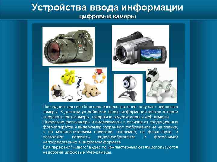 Устройства ввода информации цифровые камеры Последние годы все большее распространение получают цифровые камеры. К