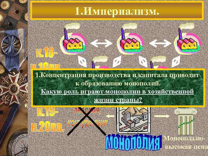 1. Империализм. 1. Концентрация производства и капитала приводит к образованию монополий. Какую роль играют