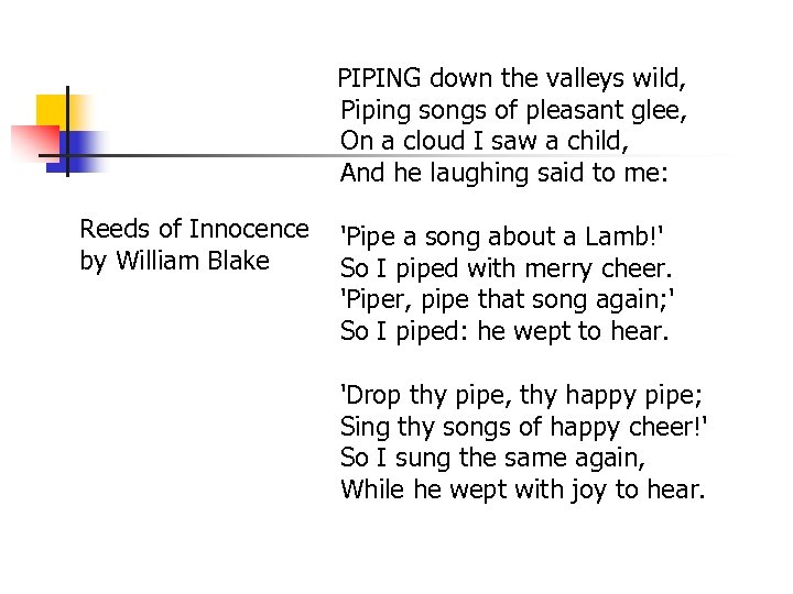 PIPING down the valleys wild, Piping songs of pleasant glee, On a cloud I