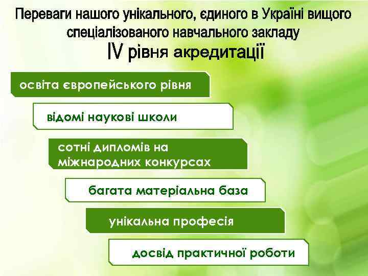 освіта європейського рівня відомі наукові школи сотні дипломів на міжнародних конкурсах багата матеріальна база