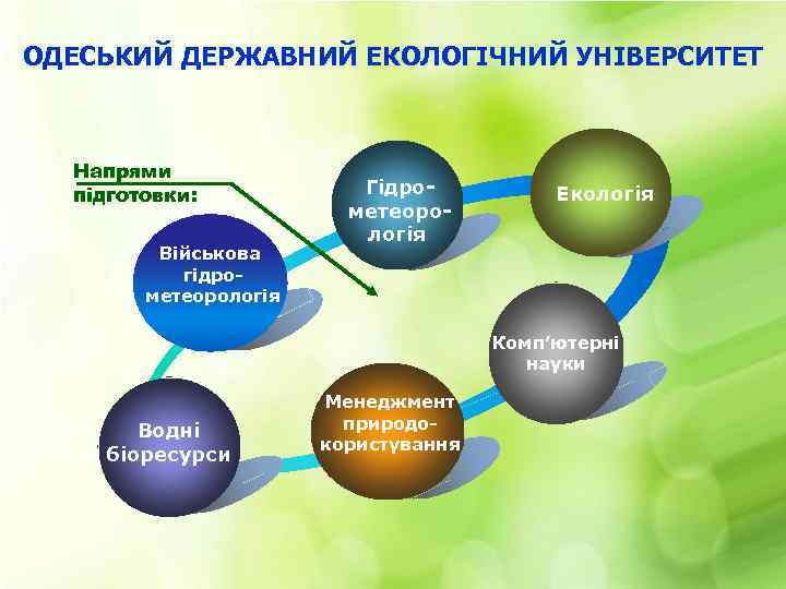 ОДЕСЬКИЙ ДЕРЖАВНИЙ ЕКОЛОГІЧНИЙ УНІВЕРСИТЕТ Напрями підготовки: Військова гідрометеорологія Гідрометеорологія Екологія Комп’ютерні науки Водні біоресурси