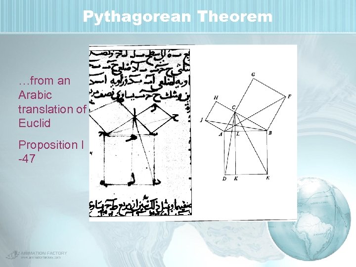 Pythagorean Theorem …from an Arabic translation of Euclid Proposition I -47 