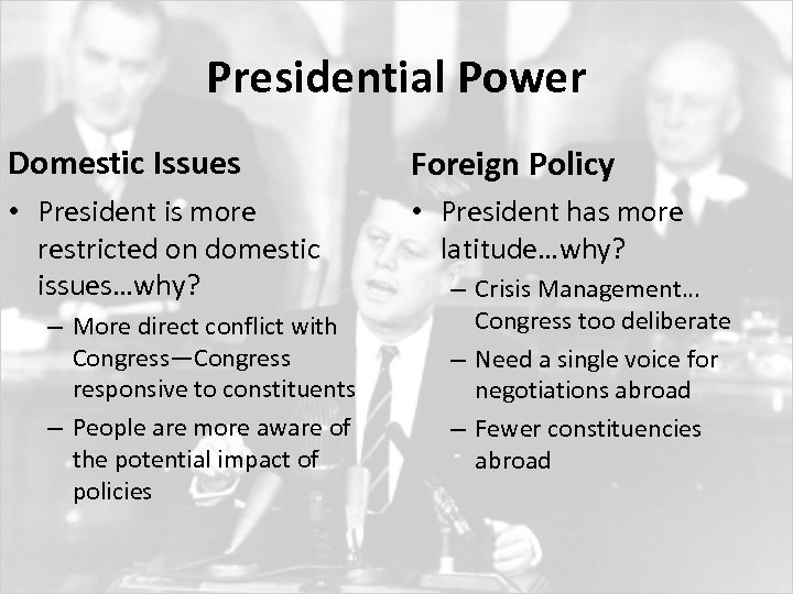 Presidential Power Domestic Issues Foreign Policy • President is more restricted on domestic issues…why?