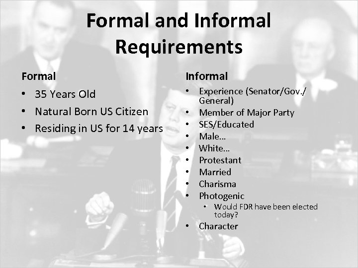 Formal and Informal Requirements Formal Informal • 35 Years Old • Natural Born US