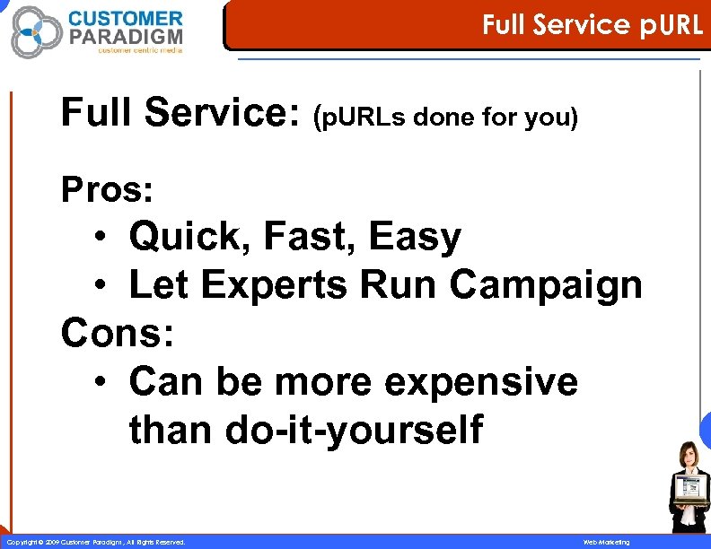 Full Service p. URL Full Service: (p. URLs done for you) Pros: • Quick,