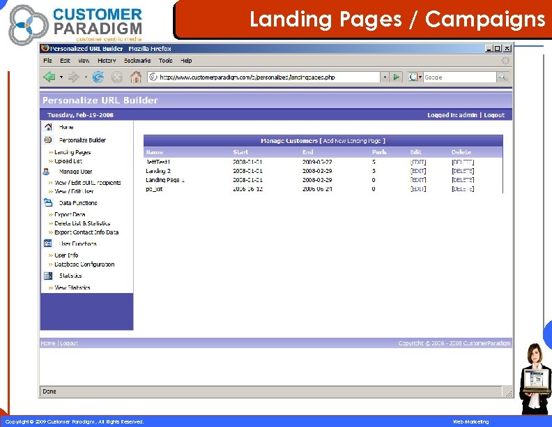 Landing Pages / Campaigns 54 Copyright © 2009 Customer Paradigm , All Rights Reserved.