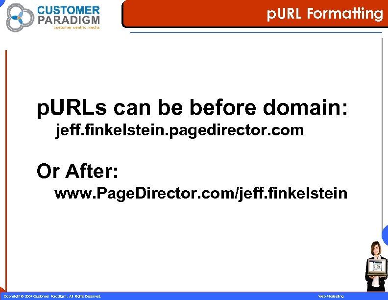 p. URL Formatting p. URLs can be before domain: jeff. finkelstein. pagedirector. com Or