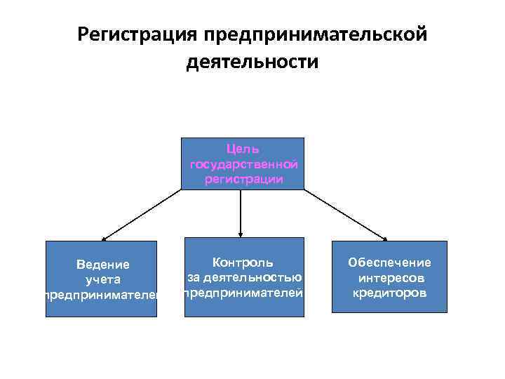 Регистрация предпринимательской деятельности Цель государственной регистрации Ведение учета предпринимателей Контроль за деятельностью предпринимателей Обеспечение