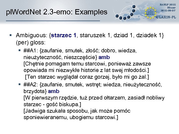 pl. Word. Net 2. 3 -emo: Examples RANLP 2015 Hissar 2015 -09 -07 CLARIN-PL