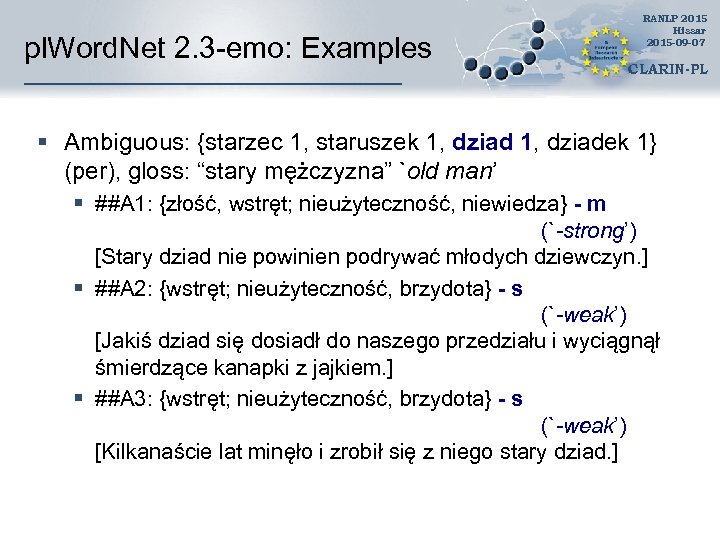 pl. Word. Net 2. 3 -emo: Examples RANLP 2015 Hissar 2015 -09 -07 CLARIN-PL