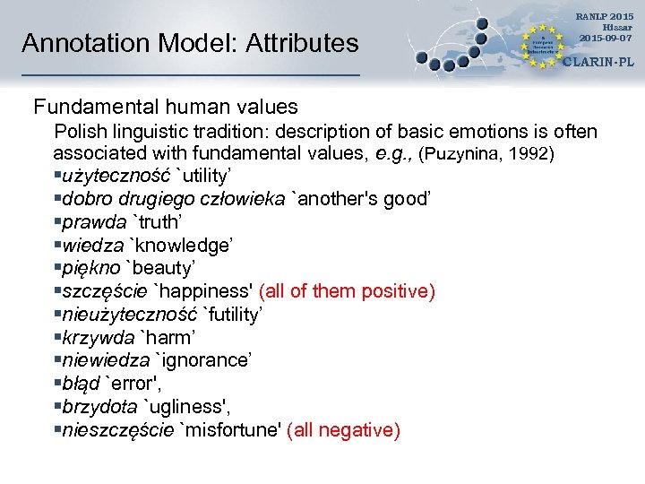 Annotation Model: Attributes RANLP 2015 Hissar 2015 -09 -07 CLARIN-PL Fundamental human values Polish