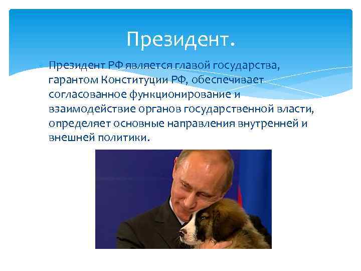 Президент. Президент РФ является главой государства, гарантом Конституции РФ, обеспечивает согласованное функционирование и взаимодействие