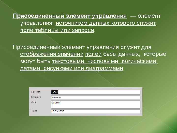 Присоединенный элемент управления — элемент управления, источником данных которого служит поле таблицы или запроса.