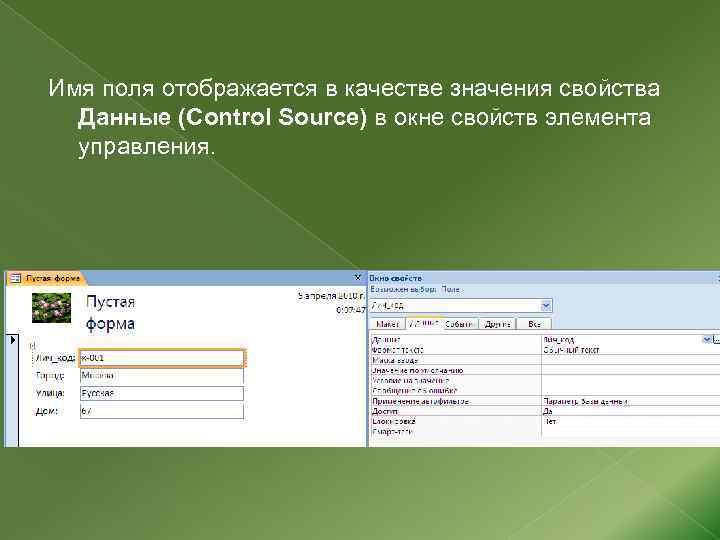 Имя поля отображается в качестве значения свойства Данные (Control Source) в окне свойств элемента