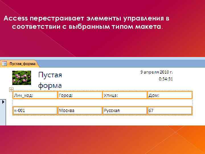 Access перестраивает элементы управления в соответствии с выбранным типом макета. 