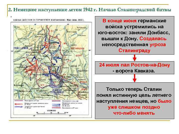 2. Немецкое наступление летом 1942 г. Начало Сталинградской битвы В конце июня германские войска