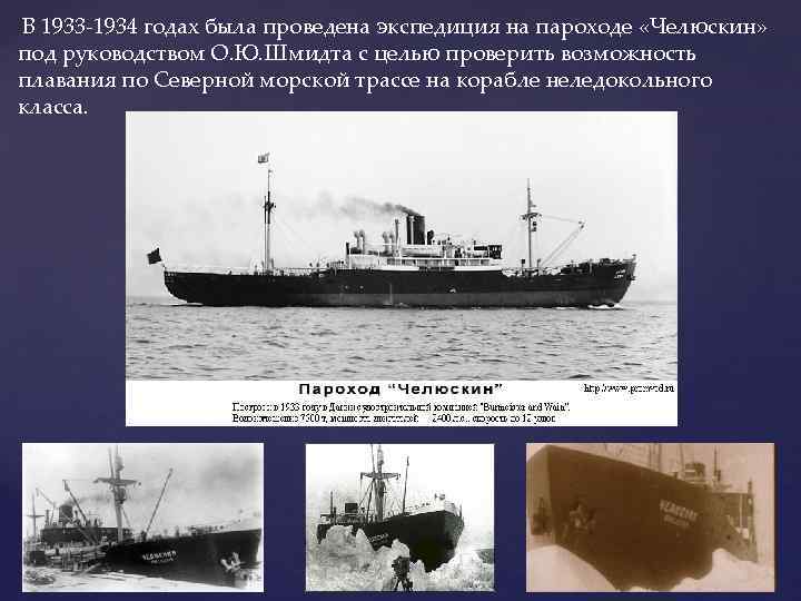 В 1933 -1934 годах была проведена экспедиция на пароходе «Челюскин» под руководством О. Ю.