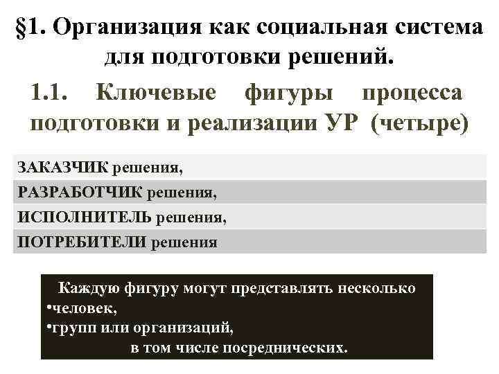 § 1. Организация как социальная система для подготовки решений. 1. 1. Ключевые фигуры процесса
