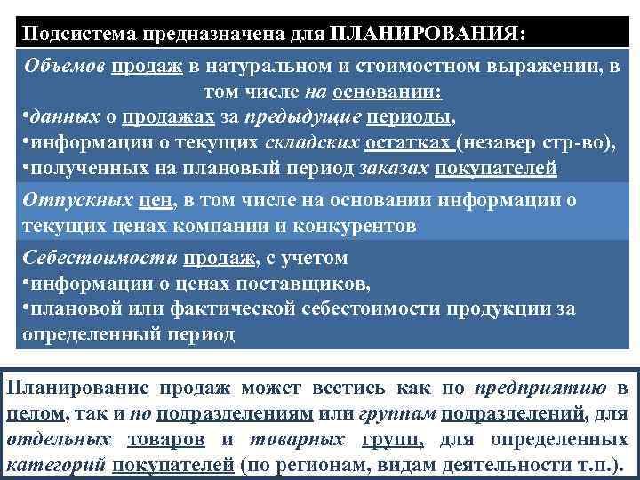 Подсистема предназначена для ПЛАНИРОВАНИЯ: Объемов продаж в натуральном и стоимостном выражении, в том числе