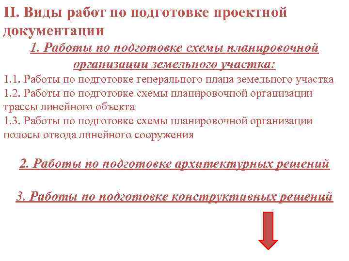 II. Виды работ по подготовке проектной документации 1. Работы по подготовке схемы планировочной организации