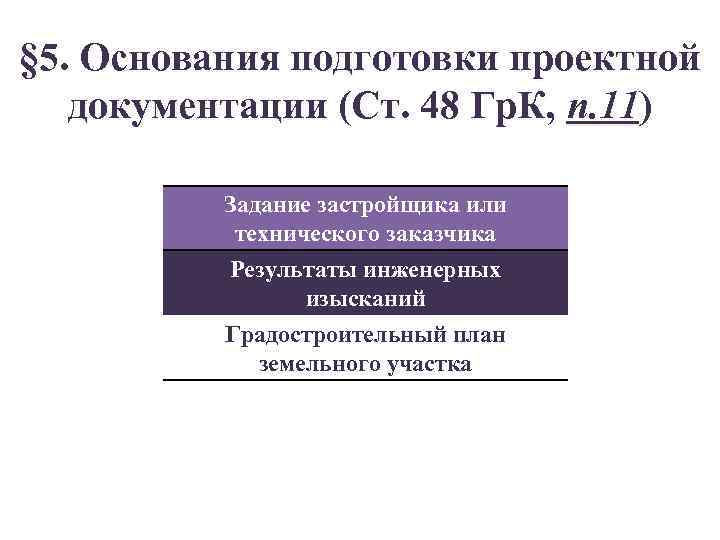 § 5. Основания подготовки проектной документации (Ст. 48 Гр. К, п. 11) Задание застройщика
