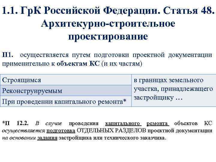 1. 1. Гр. К Российской Федерации. Статья 48. Архитекурно-строительное проектирование П 1. осуществляется путем