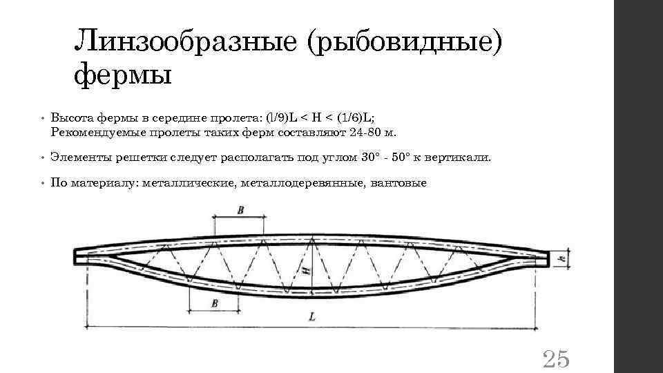 Линзообразные (рыбовидные) фермы • Высота фермы в середине пролета: (l/9)L < Н < (1/6)L;