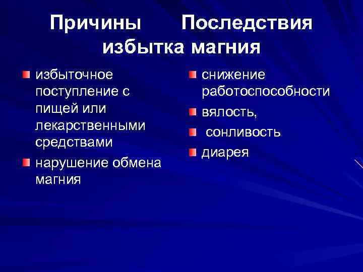 Причины Последствия избытка магния избыточное поступление с пищей или лекарственными средствами нарушение обмена магния