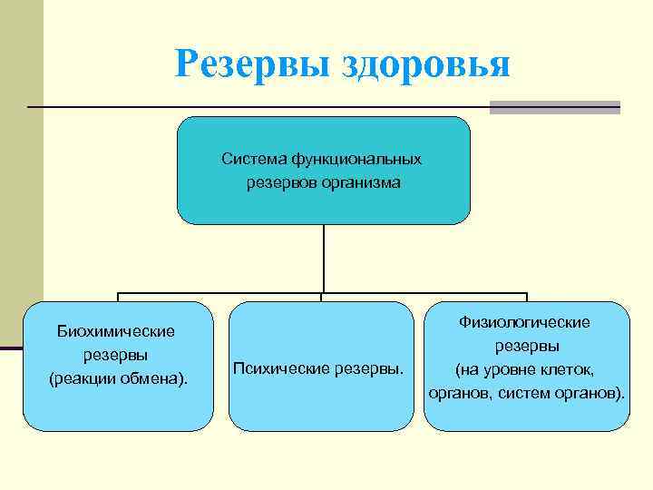 Резервы здоровья Система функциональных резервов организма Биохимические резервы (реакции обмена). Психические резервы. Физиологические резервы