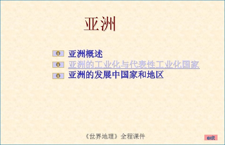 亚洲 亚洲概述 亚洲的 业化与代表性 业化国家 亚洲的发展中国家和地区 《世界地理》全程课件 exit 