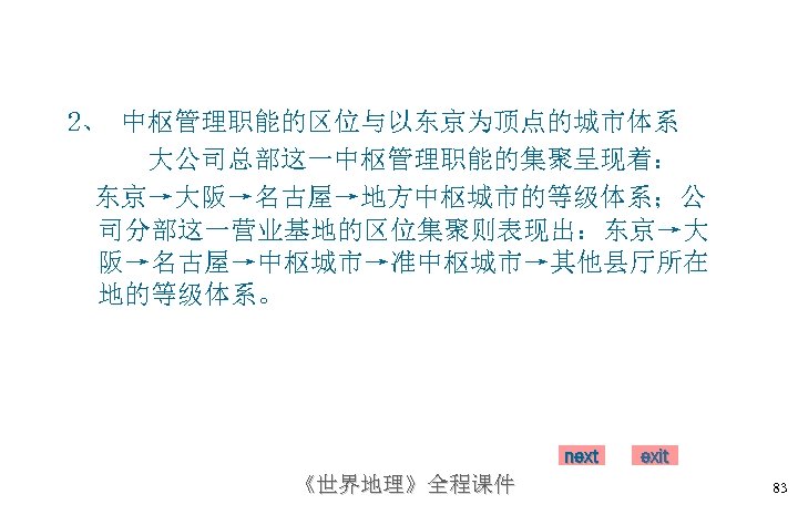 2、 中枢管理职能的区位与以东京为顶点的城市体系 大公司总部这一中枢管理职能的集聚呈现着： 东京→大阪→名古屋→地方中枢城市的等级体系；公 司分部这一营业基地的区位集聚则表现出：东京→大 阪→名古屋→中枢城市→准中枢城市→其他县厅所在 地的等级体系。 next 《世界地理》全程课件 exit 83 