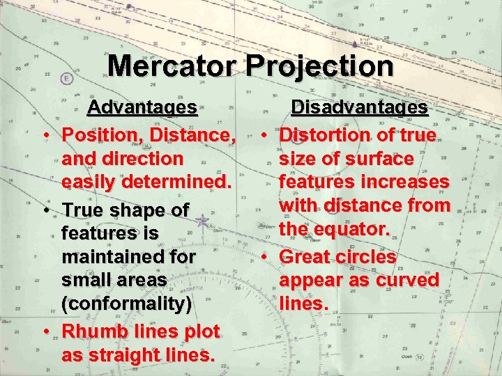 Mercator Projection • • • Advantages Position, Distance, and direction easily determined. True shape