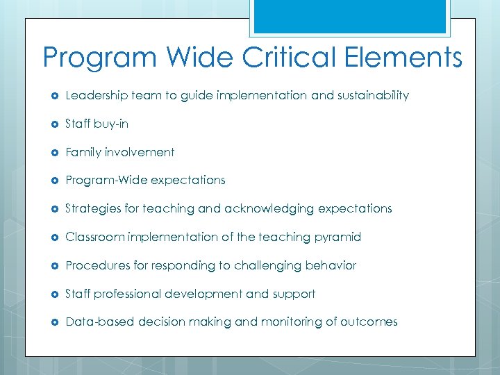 Program Wide Critical Elements Leadership team to guide implementation and sustainability Staff buy-in Family