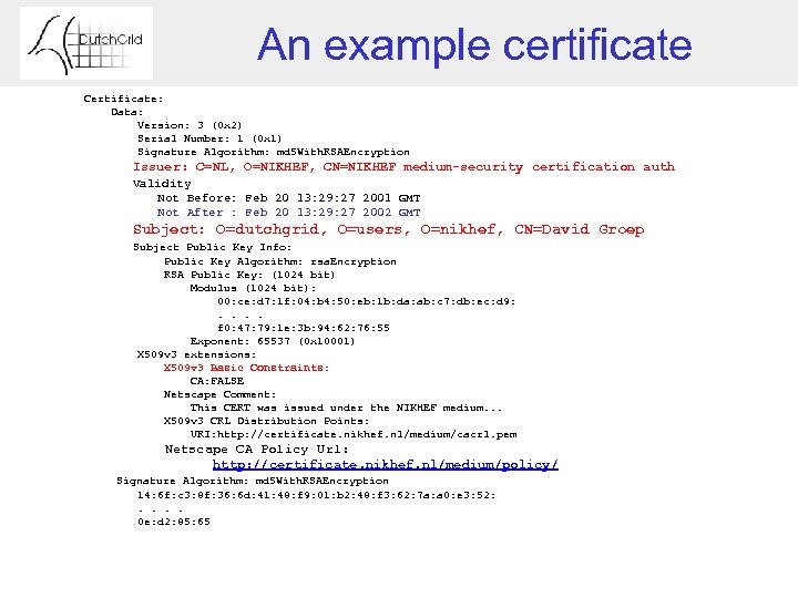 An example certificate Certificate: Data: Version: 3 (0 x 2) Serial Number: 1 (0